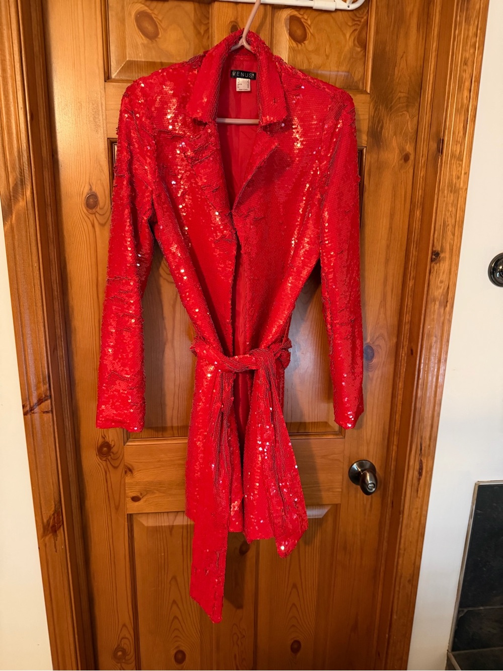 VENUS Red Sequin Wrap Coat with Tie Waist